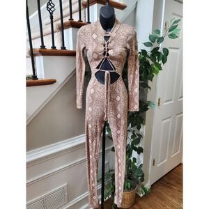 Laqueen Womens Brown Snake Print Long Sleeve Mock Neck Lace Up Jumpsuit Small